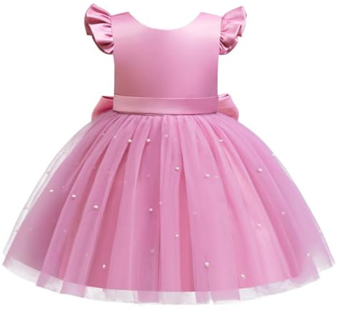 Lito Angels Vestido de Fiesta con Perlas para Niñas | Mangas con volantes, Falda amplia de tul, Perlas, Lazo trasero, Boda, Cumpleaños, Comunión