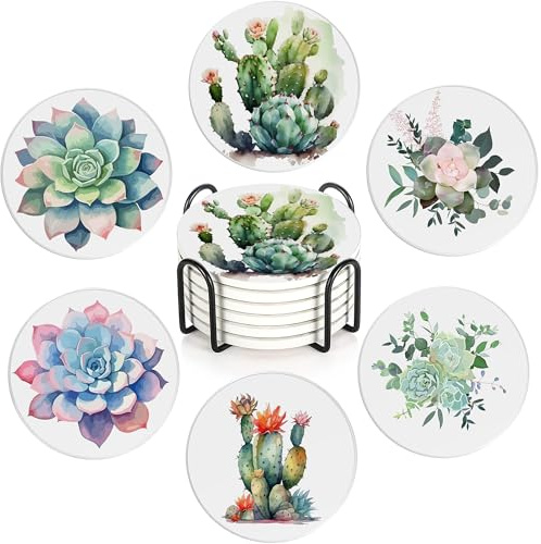 Cactus Succulent Flower Set of 6 Coasters Absorbent Ceramic Drink Mats with Cork Base & Metal Holder, Spill Protectors for Mugs/Cups, Cheerful Home/Bar Decor