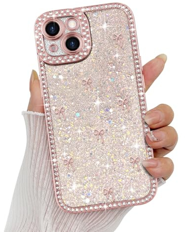 Wirvyuer Compatibile con iPhone 15 Cover Glitter Luxury Shiny Custodia con diamante di cristallo per donne ragazze Bling strass Cover con 3D Bowknot Case per iPhone 15 Rosa