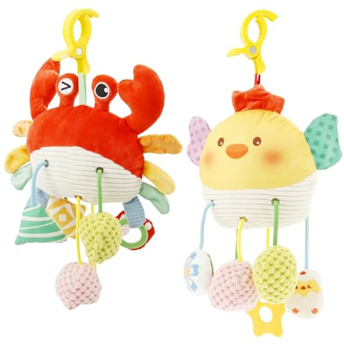 Autositz Spielzeug für Baby 0-6 Monate,2 Stück Krabbe Kinderwagen Spielzeug mit Klammer,Spiegel,Kleine Glocke,Rasseln,Crinkle,Squeaky,Hängende Kinderwagen Mobile Spielzeug,Plüsch Soft Rasseln