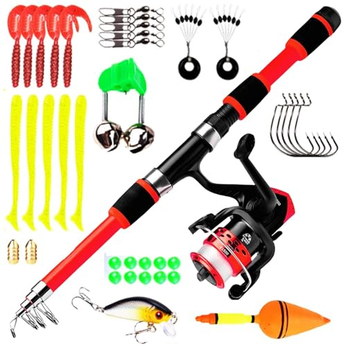 Pesca per bambini, set di canne telescopiche con mulinello, esche inclusi, 1,8 m, da 3 a 10 anni (rosso)