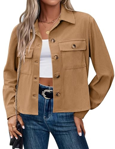 Hotouch Chaqueta Mujer Entretiempo Cazadora Verano Chaquetas Corta Ligera Blouson Chaqueta de Pana Casual Botones Jacket Caqui M