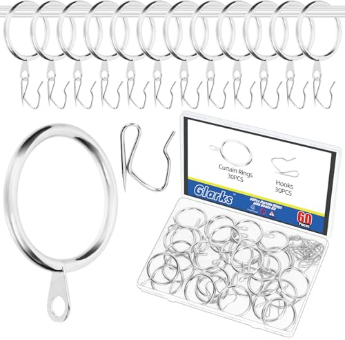 Glarks Set di 30 anelli da appendere per tende da 32 mm, in metallo argentato, include 30 anelli per tende e 30 ganci per tende, occhielli scorrevoli per finestre scorrevoli per porte del bagno
