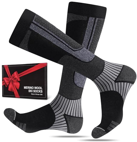 SukModen 2 pares de calcetines de esquí negros de lana merino para hombre, mujer y jóvenes, calcetines térmicos gruesos para días fríos, esquí y snowboard, talla 39-42