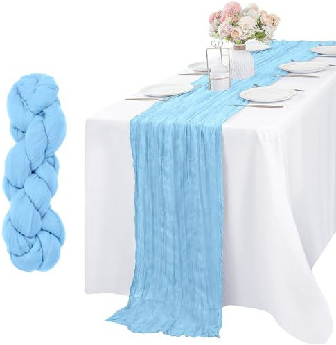 Sikway Musselin Stoff 300 X 90 cm Modern Gaze Rustikal Himmelblau Tischläufer Käsetuch Waschbar Waschbar Musselin Dekostof Romantisch Halbdurchsichtiger Stoff für Boho-Hochzeit, Tischdekoration