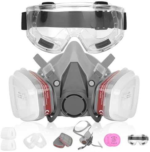 YOMKILU Återanvändbar andningsmask, gasmask med filter, 22 dammfilter och 1 skyddsglasögon, dammmask för målning, arbete, slipning, fint damm