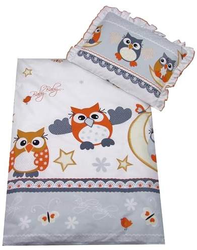 Rawstyle 4 TLG. Set Bezug (Weiß + Sterne Grau) für Kinderwagen 70x50 cm Garnitur Bettwäsche Decke + Kissen + Füllung (Eule grau)