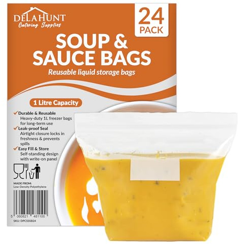 1 Litre Reusable Freezer Bags [24 Pack] - BPA-Free, Leakproof & Stand-Up Press Seal Storage Bags | Heavy-Duty Meal Prep Bags for Soup, Sauce, Broth, Smoothies, Batch Cooking & Freezer Storage
