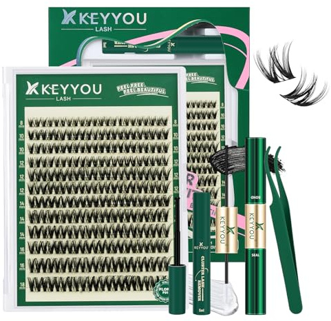 KEYYOU Wimpernverlängerungs-Set, D-Curl, 8–16MIX Volumenwimpern, | Wimpern-Cluster-Set, 132-teilig, Wimpernzange mit Klebstoffentferner und Pinzette, Wispy Lash Clusters Kit (F01-Set)