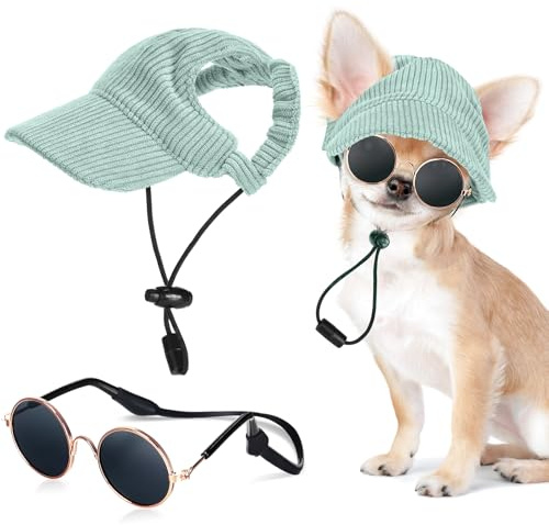 Jadive X-Small Dog Sun Hat with Ear Holes, Dog Cat Sunglasses with Anti-Slip Silicone Rope Baseball Cap Adjustable Puppy Sunbonnet Headdress Beach Visor Hat for Puppies Summer Outdoor(Green)