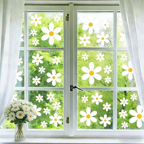 Joeyan 6 Stück Frühling Gänseblümchen Fenstersticker Selbstklebend – Weiße Blumen Fensterbilder, Wiederverwendbare Fensteraufkleber Doppelseitige Glasdeko für Büro Zuhause Party (72pcs)
