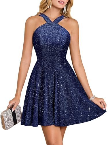 Bridesmay Women's Sparkly Short Halter Dress for Summer Cocktail Party 2026 | Glitter Stretchy/Formal Dresses for Women Teens/Short Sleeveless/A-Line Fit/Flare Dresss for Prom Graduation