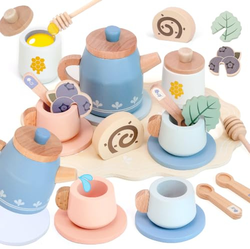Masonbaby Juego de té de Madera para Niños, Juego de té Infantil Juguetes Cocina Infantil, Tetera y Tazas Juguete Accesorios Cocina Juguetes Fiesta de Cumpleaños Regalo Azul