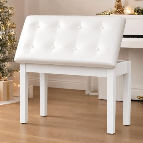 MAMIZO Banqueta Piano 75x35x49 CM, Taburete Piano con Espacio de Almacenamiento, Patas de Madera Maciza, Banco para Piano con cojín de Cuero PU, Banqueta para Piano Carga Máxima 200KG, Blanco