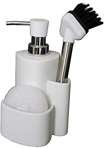 White Ceramic Kitchen Dishwashing Set Soap Dispenser Sponge Scrubby Dish Brush Caddy Organizer Set Soft Rubber Coating