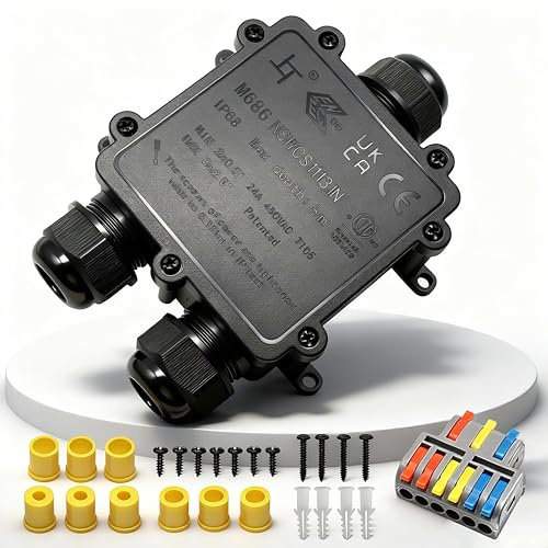 Abzweigdose, Verbindungsdose, HUYU 3 Wege Junction Box, IP68 Wasserdichte Verteilerdose, Kabelverbinder Aussen, Elektrischer Außenverteilerdose, Erdkabel Klemmdose, Kabeldurchmesser Ø 4mm-14mm, 3 Wege