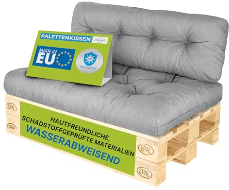Pillows24 Palettenkissen 2-teiliges Set, Wasserabweisend & UV-fest | Palettenkissen Outdoor & Indoor für Europaletten 120x80, Palettenuflage für Palettensofa, für Garten, Made in EU, Grau
