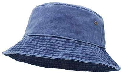 Eimer Hut, Breite Krempe Washed Denim Baumwolle Outdoor Sonnenhut Flat Top Cap zum Angeln Wandern Strandsport Dunkelblau