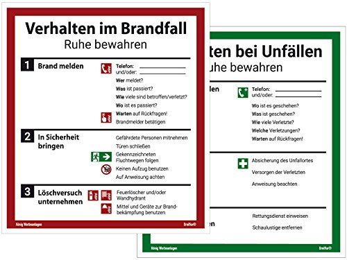 Schild Aushang Verhalten im Brandfall und Verhalten bei Unfällen als Set, 18x20cm, mit UV-Schutz, PVC-Aufkleber, ISO 7010, Betriebsaushang Notfallplan Dreifke®
