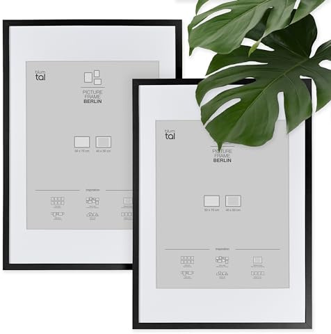 Blumtal – 2er Set Bilderrahmen 50x70 cm, hochwertiger Fotorahmen Berlin aus Holz mit Passepartout, zum Aufhängen, schwarz