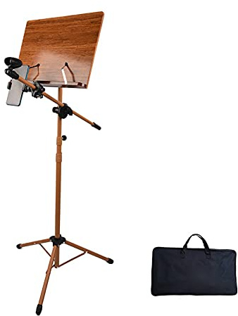 Tragbarer Notenständer mit Tragetasche, Bambus Holz Notenständer Verstellbarer Lift Metallträger, mit Mikrofonständer, für Verschiedene Musikinstrumente(Color:B)