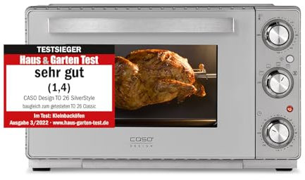 CASO TO 26 SilverStyle - Design Backofen, Testsieger im Haus & Garten Test, 26 Liter Garraum, 3 Einschubebenen, 70-230°C, Heißluft, Silber, Edelstahl