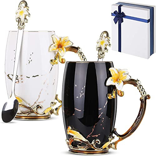 Tazas de café elegantes con cuchara, tazas de café florales, juego de 2, taza de té de cerámica, taza de té, tazas de té elegantes, regalos para mujeres, tazas de té para mujeres, tazas de té de