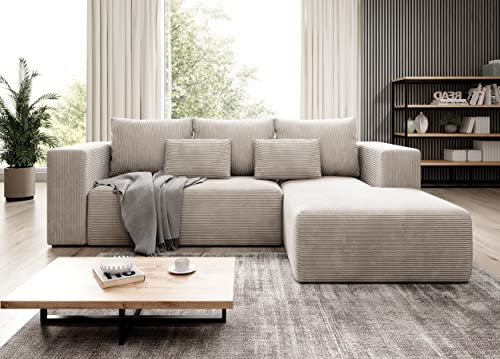 Moderno Ecksofa mit Schlaffunktion und Bettkasten Stripes - Sofa mit 3 Sitzer und Robuste überzug - Schlafcouch L-Form - Modern Couch Cord - 255x73x161 cm - Rechts Cremig