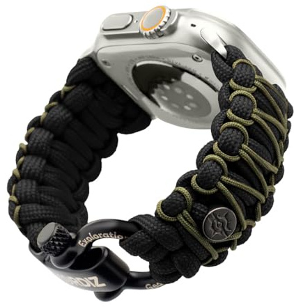 KORDIZ Survivor Pro, Paracord-Armband für Apple Watch, kompatibel mit Apple Watch Serie 8/7/6/5/4/3/2/1/SE & Ultra, mit verstellbarem Edelstahlbügel (Schwarz und Mikrogrün, L für Ultra 49 mm)