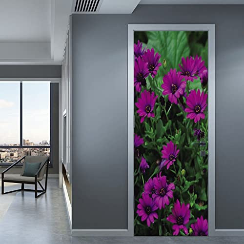 stickers paroi de douche 80x200cm(31.49 inches * 78.74 inches) Violet fleurs 3D Sticker de Porte Trompe l'œil Autocollants de Porte, Autocollant Amovible étanche 3D pour pour Décor Cuisine Chambre