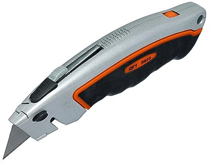 MIVOS Couteau avec lame rétractable - longueur de 170 mm - incluant 5 lames de rechange - couteau en métal, à lame trapèze, de découpe, à tapis, polyvalent, utilitaire avec poignée en caoutchouc