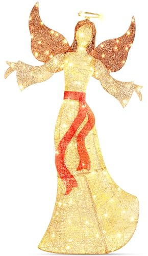AUZONIMICS 5FT Christmas Angel Outdoor Decorations, Large 3D Glittered Christmas Lighted Decor with 160 Warm LED Lights, Light up Angel for Outdoor, Garden, Yard, Indoor, Lawn, Porch