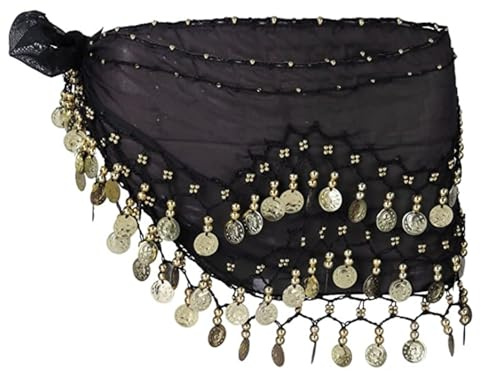 Labbe Damen Bauchtanz Gürtel, Chiffon Hüfttuch, Tanztuch mit Münzen für Bauchtanz（Schwarz）