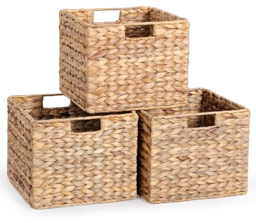 12x12x10in Water Hyacinth Storage Basket Large, Folding Cube Woven Wicker Storage Basket for Shelves, Pantry Baskets Organization and Storage, Kitchen Storage Baskets, Large Rattan Basket Set of 3