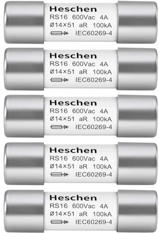 Heschen 5 fusibles cilíndricos de tubería de cerámica, RS16, tipo aR, 14 x 51 mm, 4 A, 600 V CA, 100 kA, 5 unidades