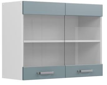 Vicco Küchenglasschrank R-Line, Blau-Grau, 80 cm | 2 Türen · 1 Einlegeboden · Tiefe – 31 cm · ✓ Frei kombinierbar · ✓ Alles im Blick
