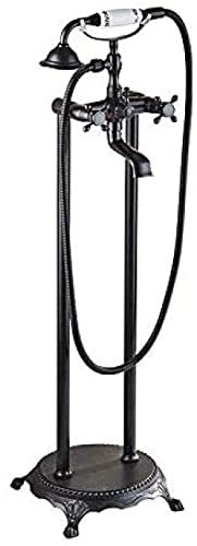 Duschset im europäischen Stil, komplett aus Kupfer, antik, schwarz, bronzefarben, bodenstehend, Badewannenarmatur, goldene Doppelsäule, Dusche, Badewanne, seitlich vertikal, 4 dunkelblaue und weiße