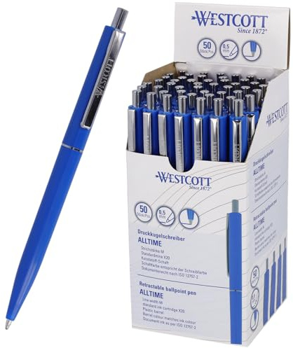 Westcott Kugelschreiber ALLTIME Blau 50 Stück | Vorteilspack Druckkugelschreiber mit blauer Tinte | Strichstärke M mit X20 Standardmine | Dokumentenecht ISO 12757-2 | Stabiler Metallclip | E-737456 00