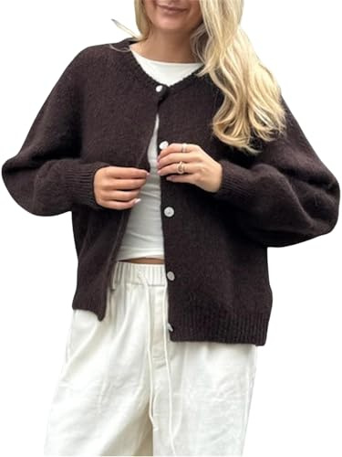 Women's Round Neck Knit Fuzzy Cardigan Button Down Long Sleeve Solid Color Sweater Basic Length Cropped Loose Fit Outerwear (A-Dark Brown, M)