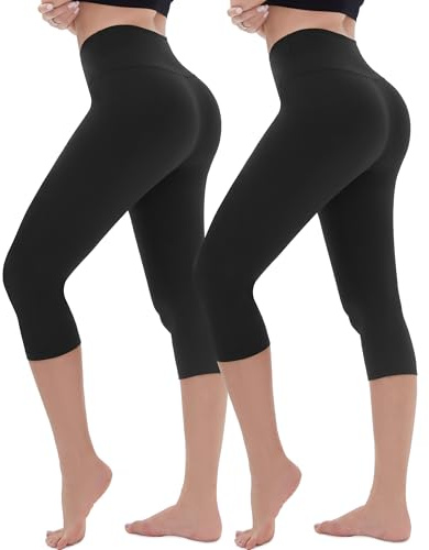 AMIYOYO Cropped Leggings for Women 2 Pack High Waisted 3/4 Length Capri Leggings White Tummy Control Workout Yoga Gym Activewear