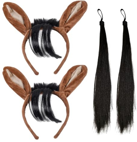 TUONYIS 4-teiliges Pferdeohren an Stirnband und Schwanz, Bauernhof, Plüsch, Esel, Kuh, Schaf, Weihnachts-Stirnband, Stierhörner, Kostüm-Set, für Jungen und Mädchen, Erwachsene, Teufelsfest,