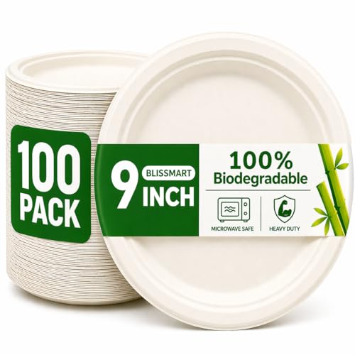 BLISSMART Strong Paper Plates Disposable 100 9 Bagasse Heavy-Duty Disposable Plates for Parties Eco-Friendly Compostable Microwave-Safe Party Plates, Biodegradable Dinner Plates for Hot & Cold Food