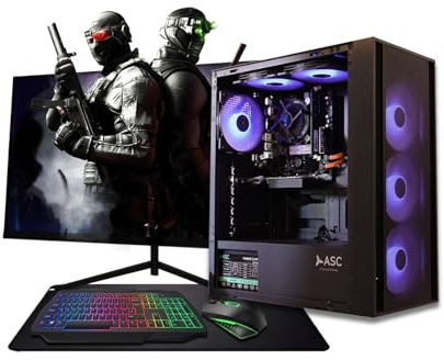 ASC Intel Core i7 Gaming PC Bundle, GT730 2GB Graphics, 8GB RAM, 512GB SSD + 500GB HDD, 500W 80+ PSU, Black 6 Fan RGB Case, WiFi, Windows 11 + 22 Monitor – High Performance Gaming Setup