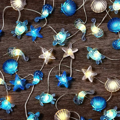 YeahBoom Lichterkette Meerestiere,3M 30LED Meeresleben Thema Lichterketten | Unterwasserwelt Lichterketten,Batteriebetrieben,Seepferdchen Seestern Schildkröte Muscheln Lichterkette für Kinderzimmer Deko