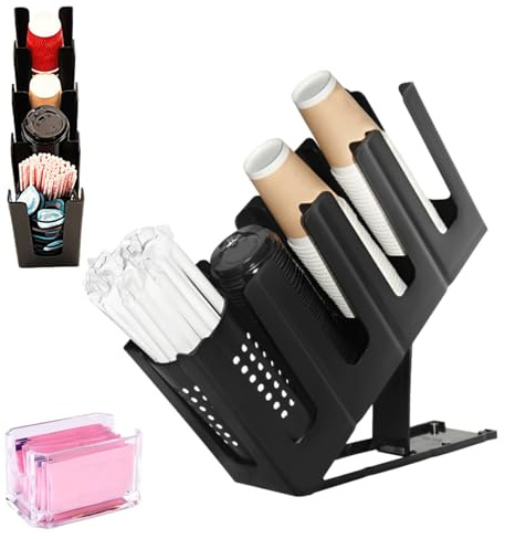 Adjustable Coffee Cup Holder Organizer – 4 Compartment Disposable Cup Dispenser with Mesh Basket for Coffee Pods, Straws, Sugar Packets – Metal Countertop Storage for Coffee Bar Accessories