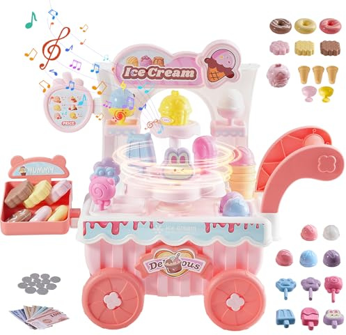 VEVOR Carrito de Helados para Niños, Camión de Helados Educativo Montessori 435 x 180 x 360 mm con 27 Accesorios, Dinero de Juguete, Efectos de Luz y Sonido para Niños de 3 Años en Adelante, Rosa