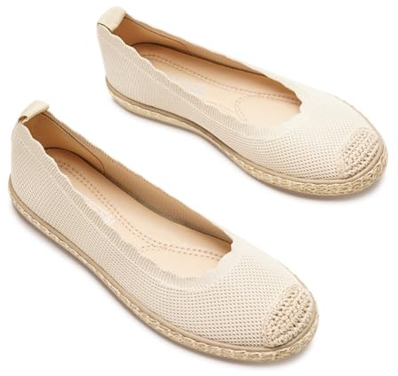 GLAMORA Alpargatas Mujer de Punto Transpirable con Suela de Goma Efecto Esparto, Zapatos Planos Tipo Bailarinas Manoletinas Cómodas Slip On, Alpargatas Mujer Ligeras Punta Redonda beige-38