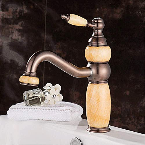 Sink Mixer Tap,Gold-Colored All-Copper Natural Jade Basin Tap Bench Bottom Basin Antique Hot and Cold Mixer Gold-Plated Marble Bathroom Sink Faucet/B (D)