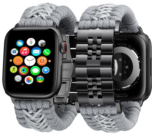 BINLUN Kompatibel mit Apple Watch Armband 49mm 46mm 45mm 44mm 42mm 41mm 40mm 38mm Geflochten 550 Paracord Stahl Sport Armbänder Kompatibel mit iWatch Ultra3/2/1 SE3/2/1 Series 11/10/9/8/7/6/5/4/3/2/1