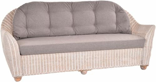 Krines Home Wohnzimmer Rattansofa Nassau Korbsofa Wintergarten Lounge Sofa (Vintage Weiss, Dreisitzer)